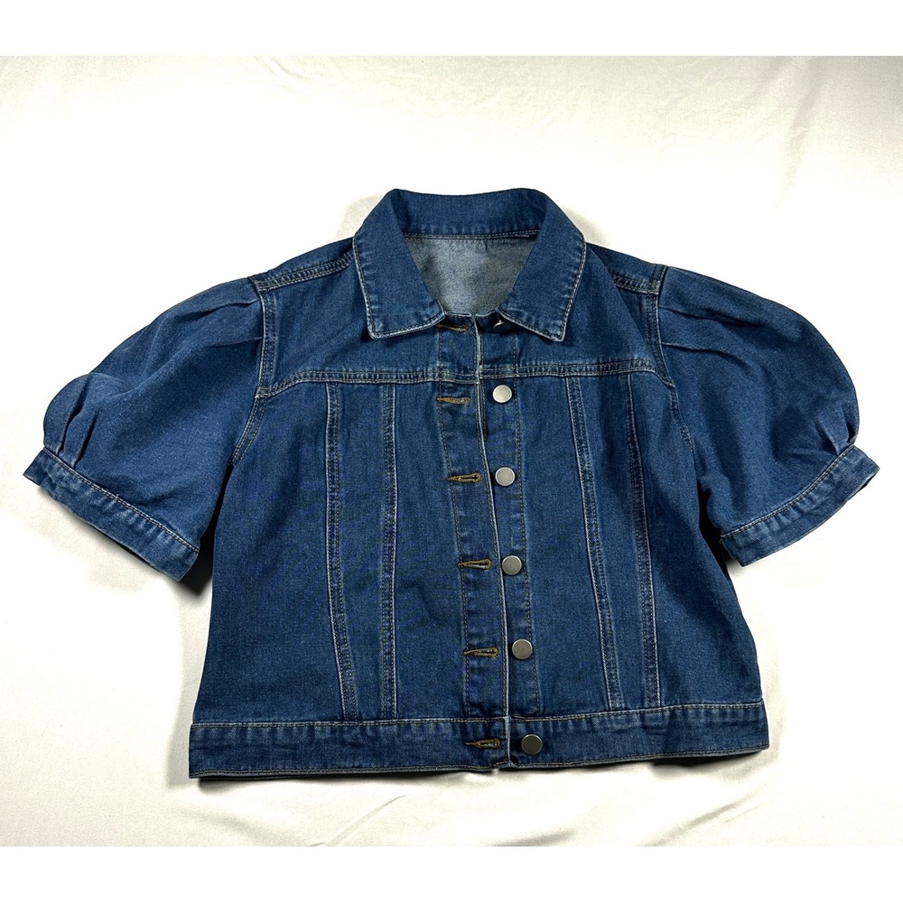 Unbranded Women Medium Wash Short Puff Sleeve Denim Jacket Cropped Trucker S‎